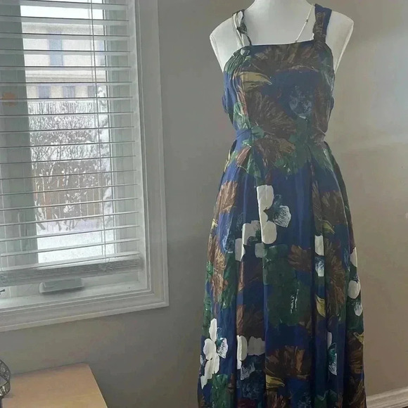 [S]Vintage BOA France Cross Shoulder Belt Open Back Floral Print  Mid Dress - Picture 1 of 16